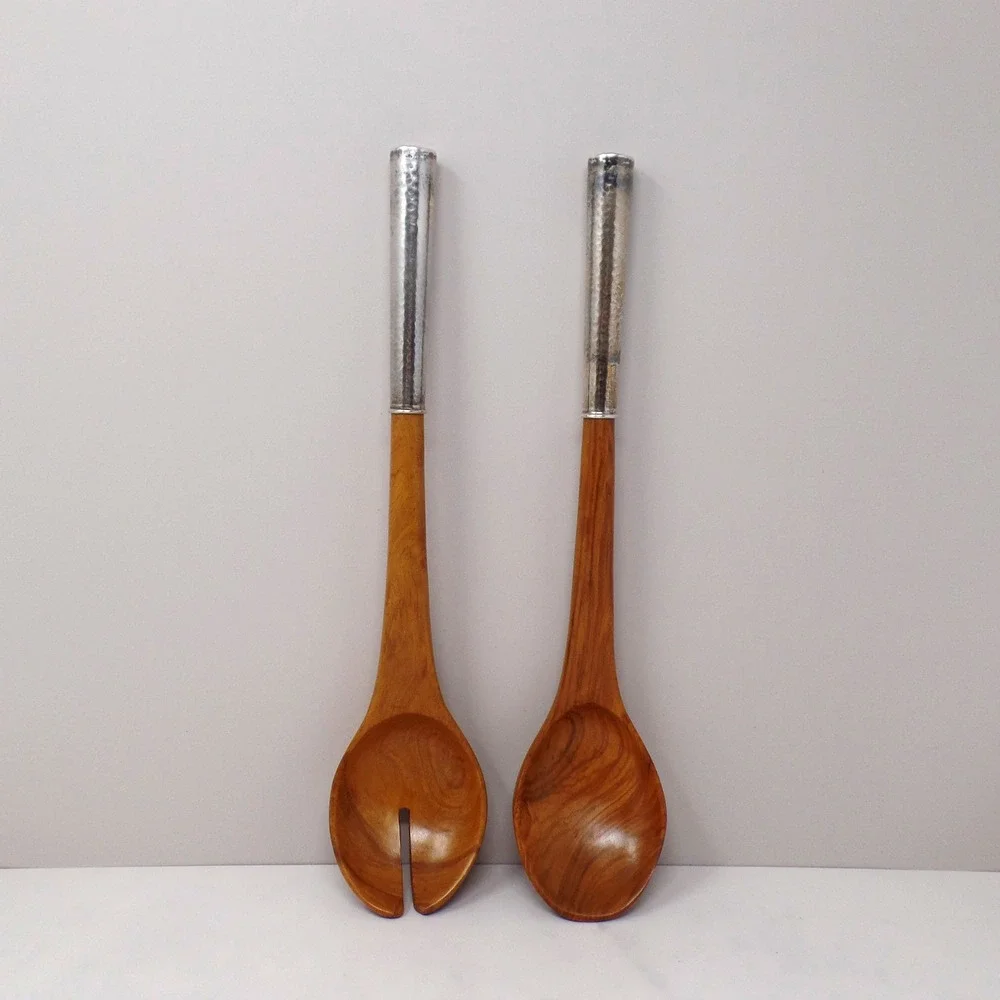 Vintage Peru 925 Sterling Silver Hammered Handle Wood Salad Servers Set 2pc 12in